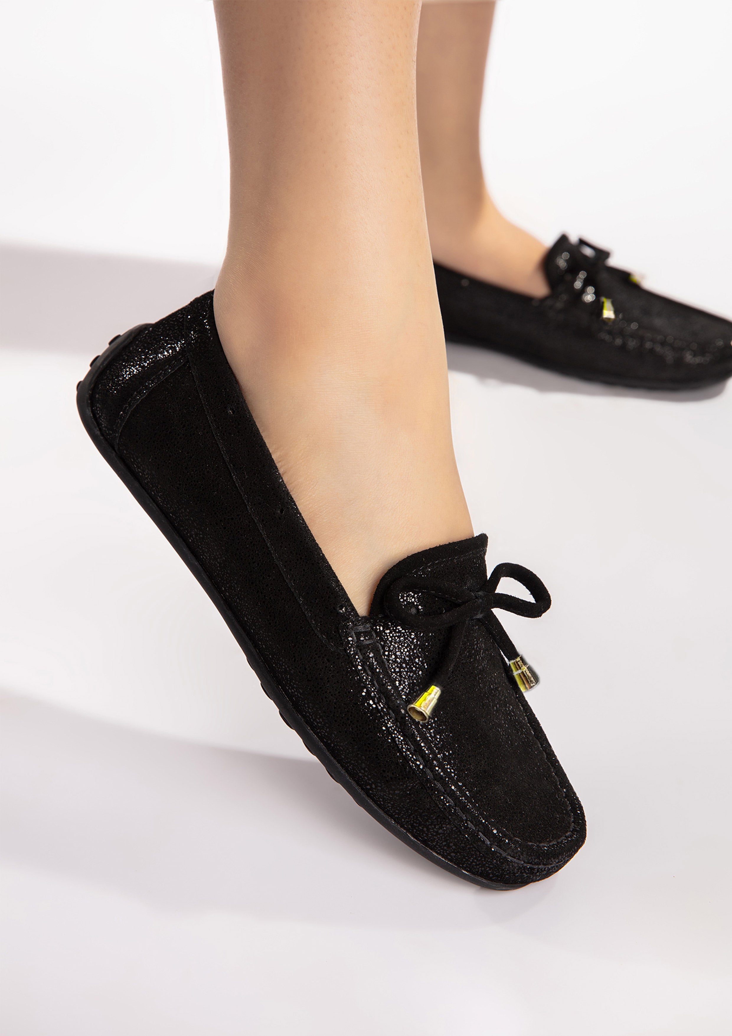 Womens leather moccasins in black colour with bow and glitter by JULKE