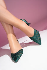 Women's dark green slingback heels with pointed toe in satin and diamante mesh design.