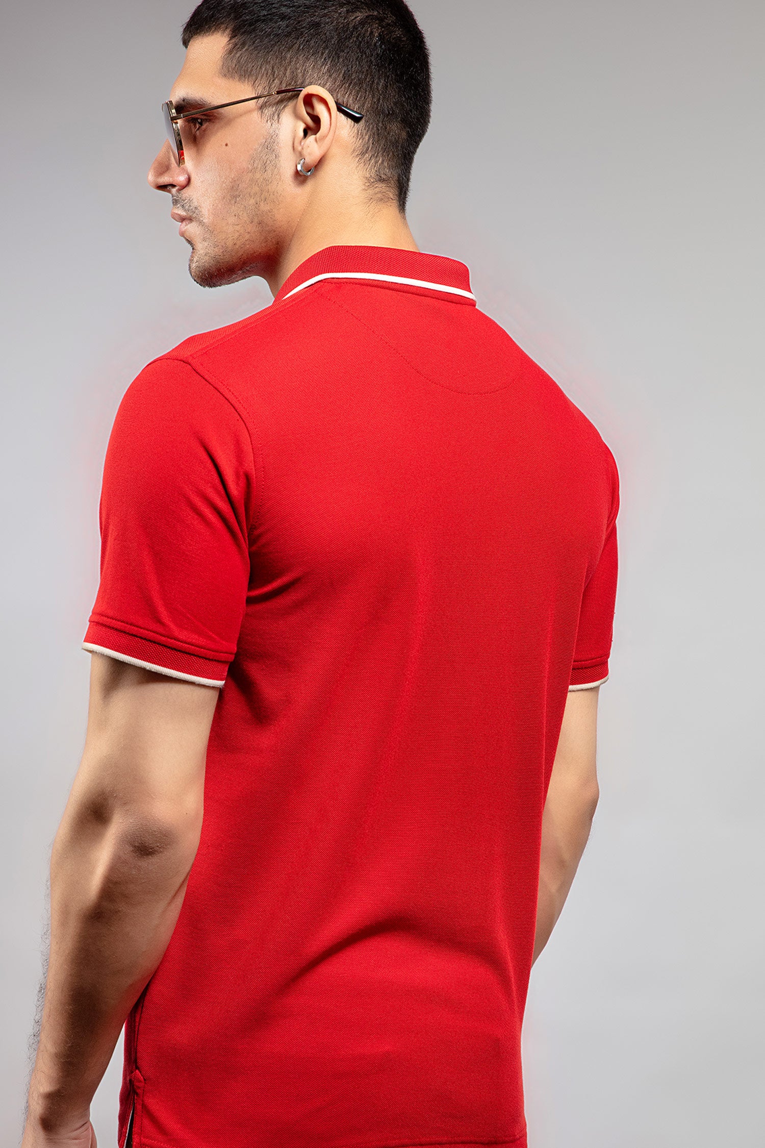 Mens summer polo shirt in red colour with matching white outline tipped collar and half sleeves by JULKE.