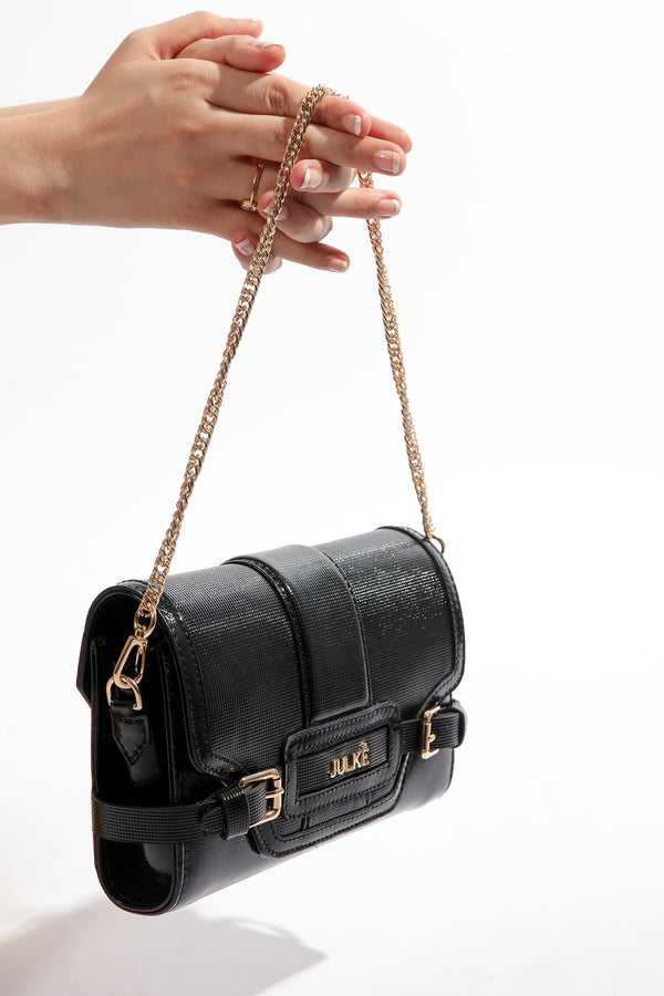 Womens leather shoulder bag clutch in black colour with gold chain and buckles by JULKE