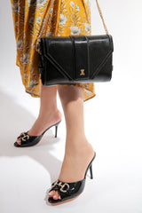 Womens leather shoulder bag clutch in black colour with gold chain and buckles & matching heels by JULKE