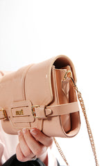 Womens leather shoulder bag clutch in light pink colour with gold chain and buckles by JULKE