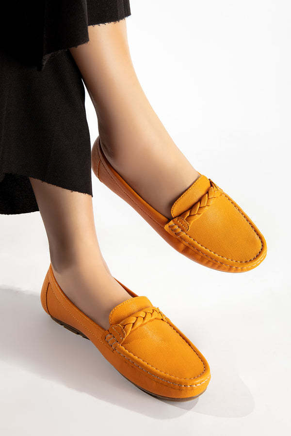 Womens winter moccasins in orange colour with braided straps by JULKE
