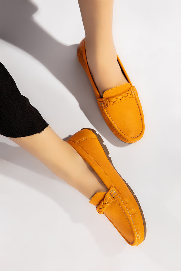 Womens winter moccasins in orange colour with braided straps by JULKE