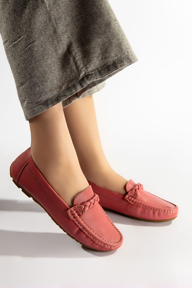 Womens winter moccasins in pink colour with braided straps by JULKE