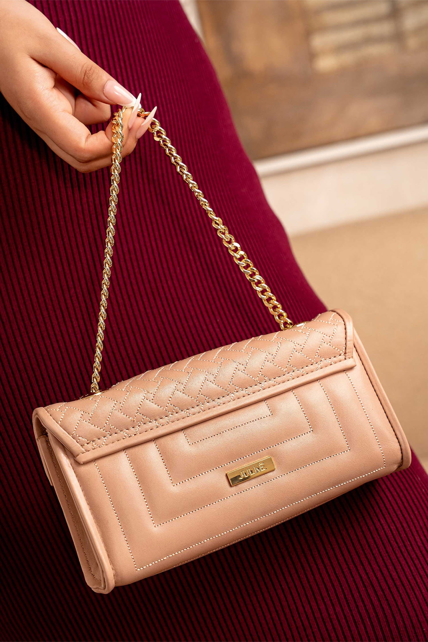 Womens leather shoulder clutch bag in tea pink colour with weaving quilted front flap and metallic gold hardware by JULKE. 