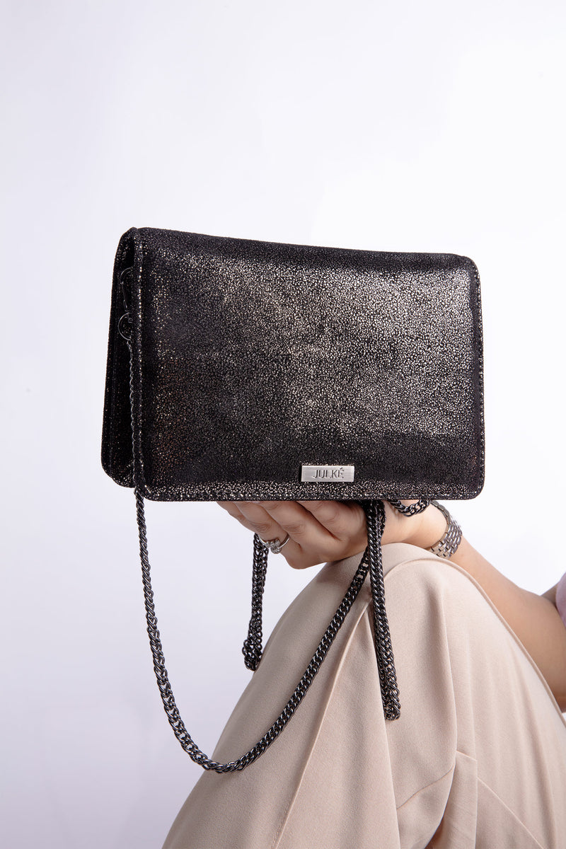 Womens original leather bag in black colour with diamante brooch by JULKE