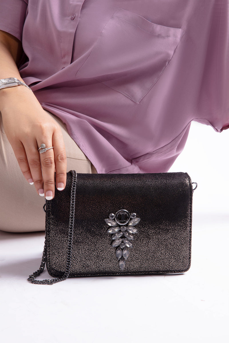 Womens original leather bag in black colour with diamante brooch by JULKE