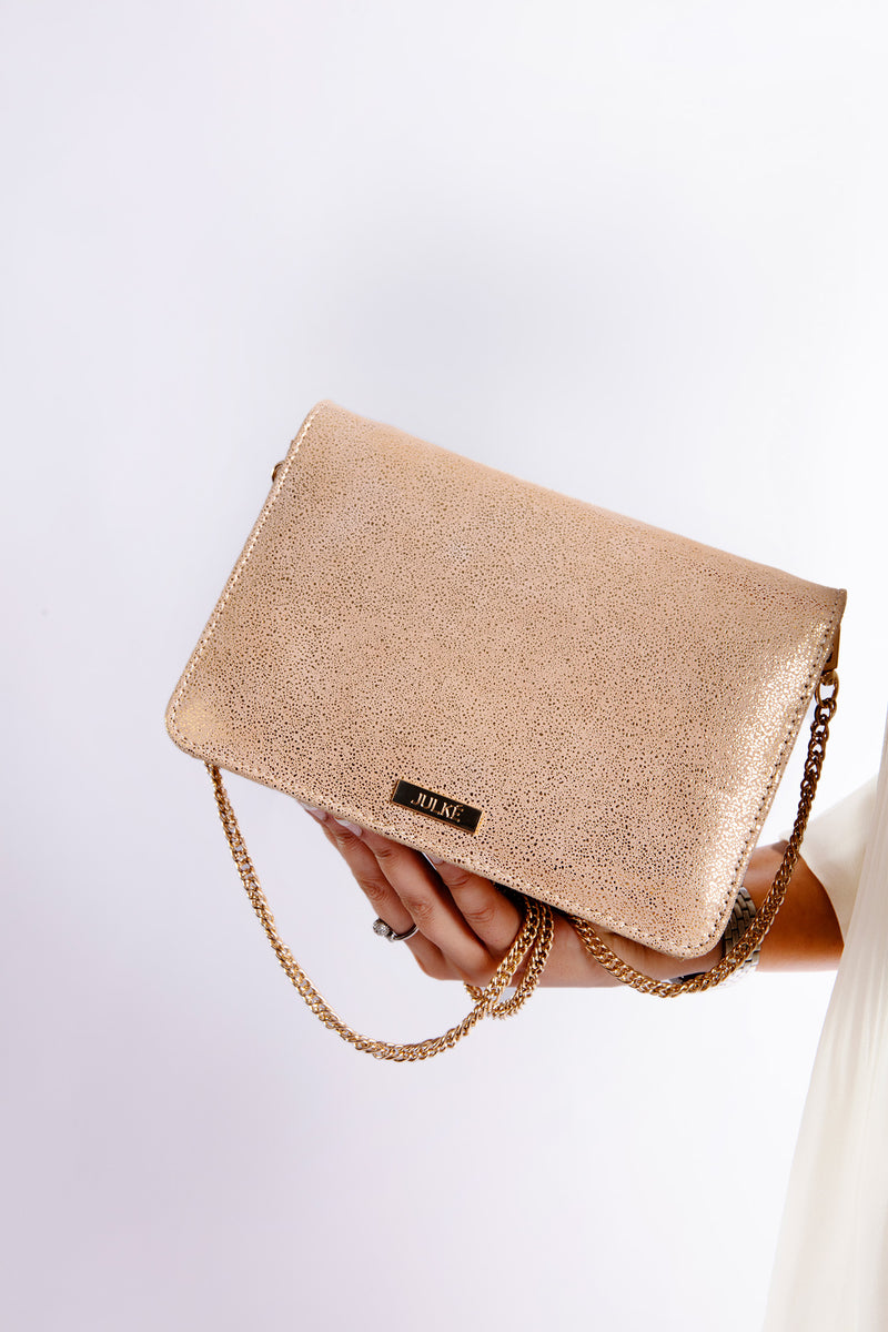 Womens original leather bag in gold colour with diamante brooch by JULKE
