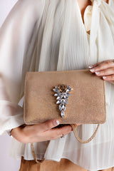 Womens original leather bag in gold colour with diamante brooch by JULKE