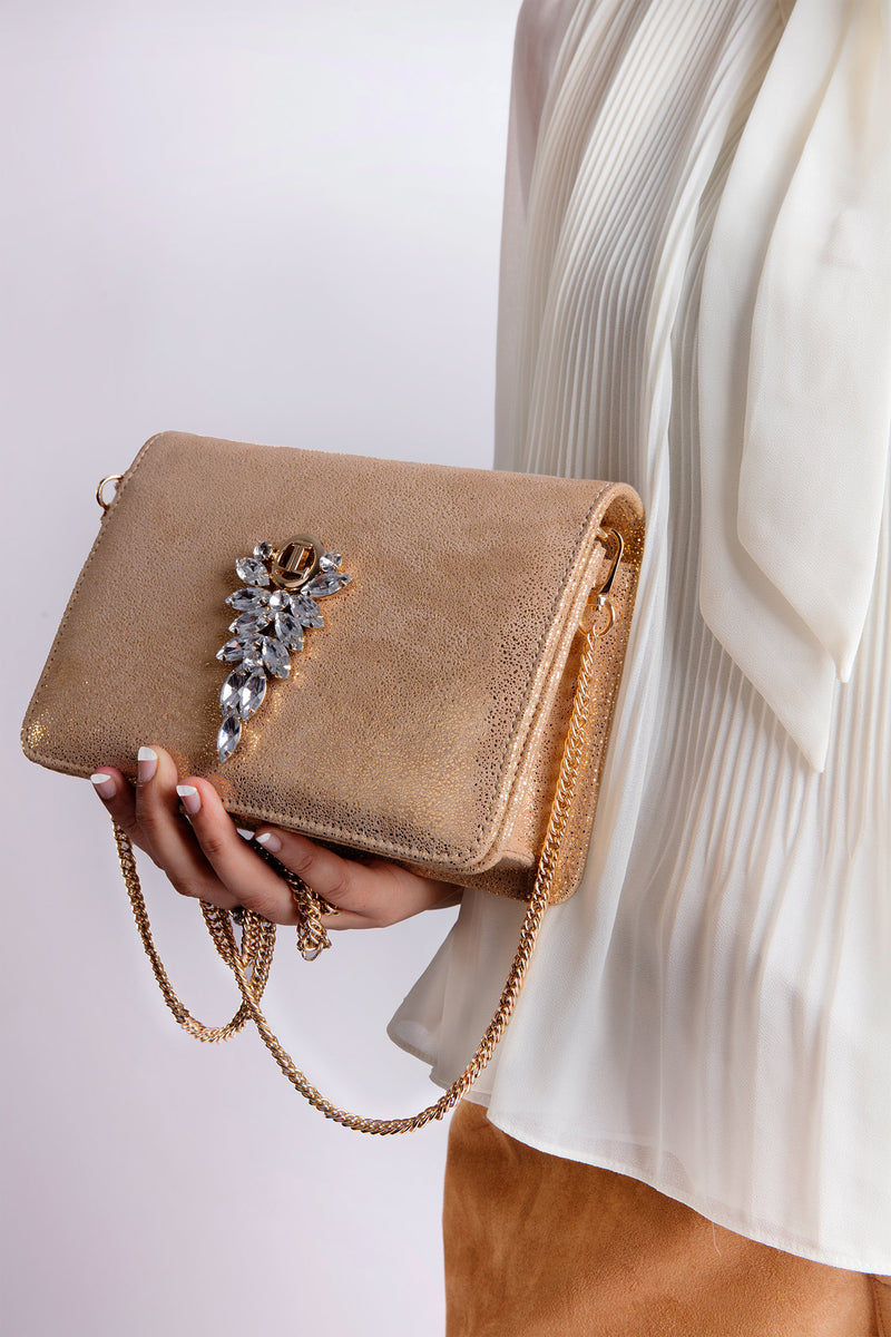 Womens original leather bag in gold colour with diamante brooch by JULKE