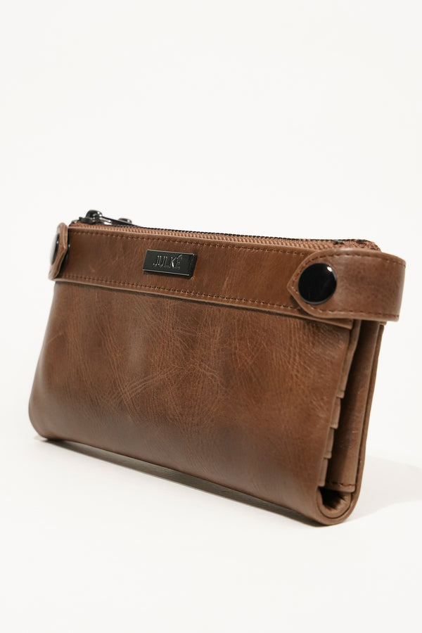 Leather long wallet and travel pouch in light brown colour with spcious pockets by JULKE