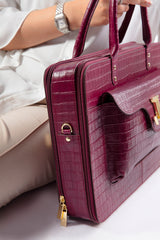 Womens leather laptop bag in maroon colour with croc texture by JULKE