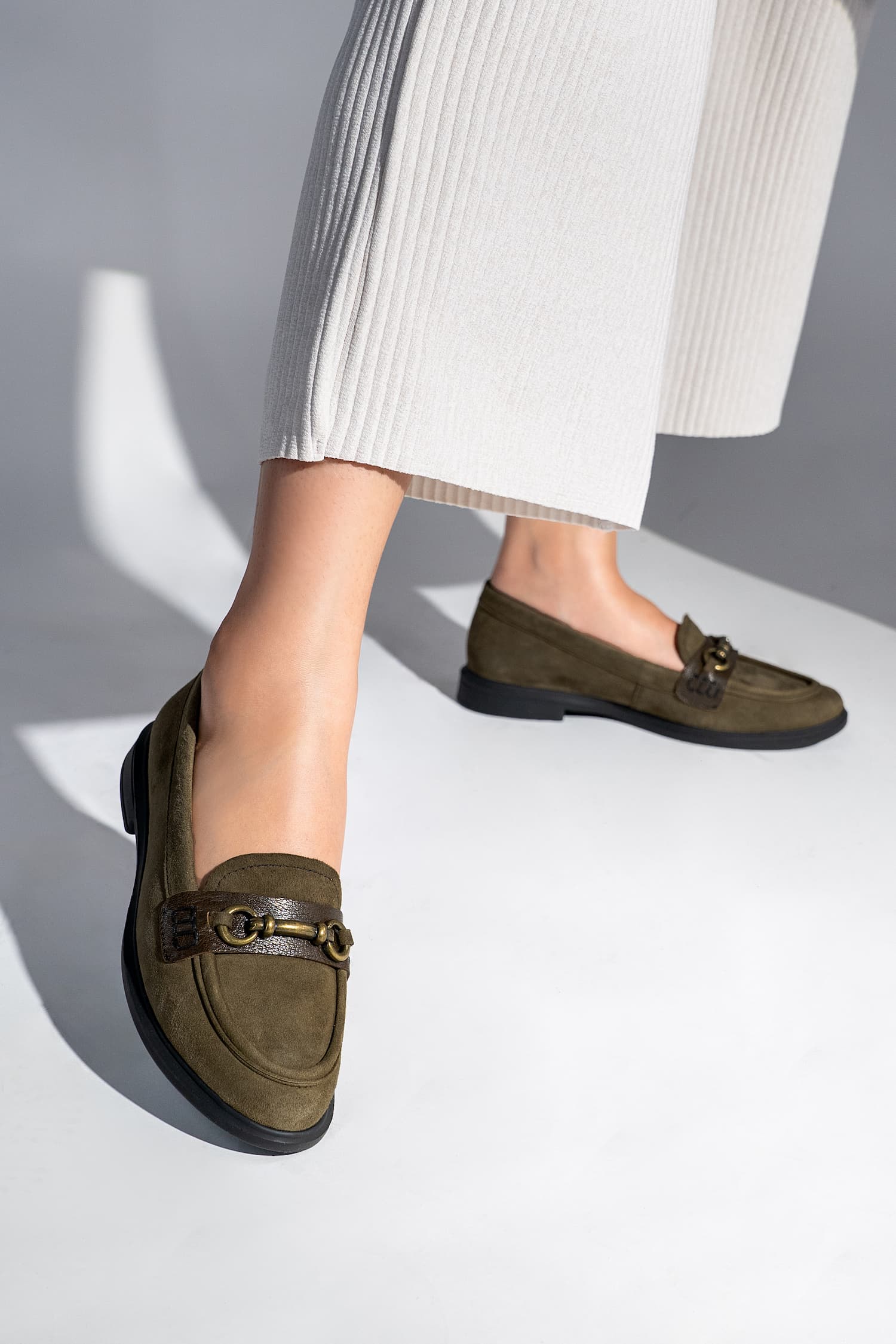 Womens suede leather loafers in olive green colour with block heel and metallic gold buckle by JULKE