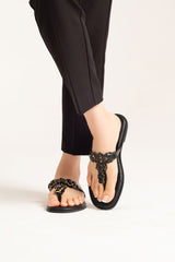 Women summer flat shoes in thong style in black colour with black rhinestones by JULKE