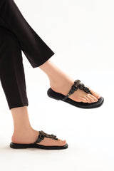 Women summer flat shoes in thong style in black colour with black rhinestones by JULKE
