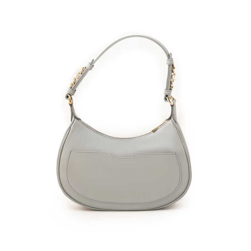 Women's genuine leather shoulder bag in grey with quilted front, gold-tone accents, and adjustable strap by JULKÉ.