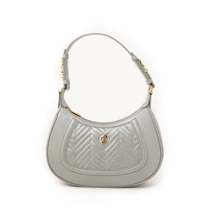 Women's genuine leather shoulder bag in grey with quilted front, gold-tone accents, and adjustable strap by JULKÉ.
