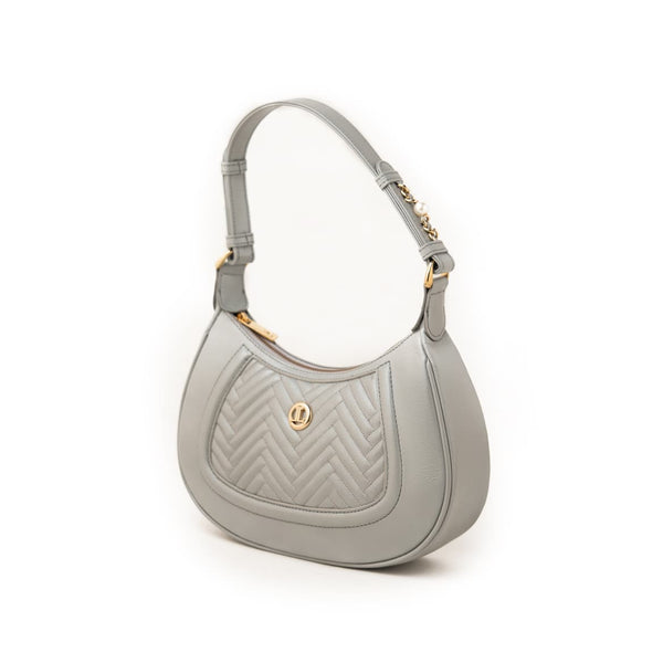 Women's genuine leather shoulder bag in grey with quilted front, gold-tone accents, and adjustable strap by JULKÉ.