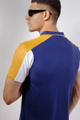 Mens summer polo shirt in royal blue, white and mustard colour with plastic collar bone by JULKE