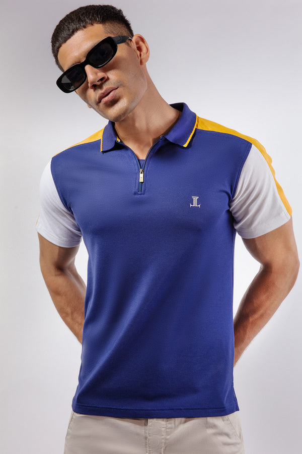 Mens summer polo shirt in royal blue, white and mustard colour with plastic collar bone by JULKE