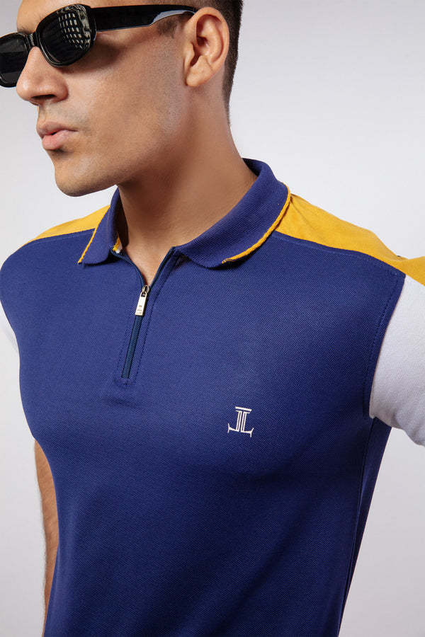 Mens summer polo shirt in royal blue, white and mustard colour with plastic collar bone by JULKE