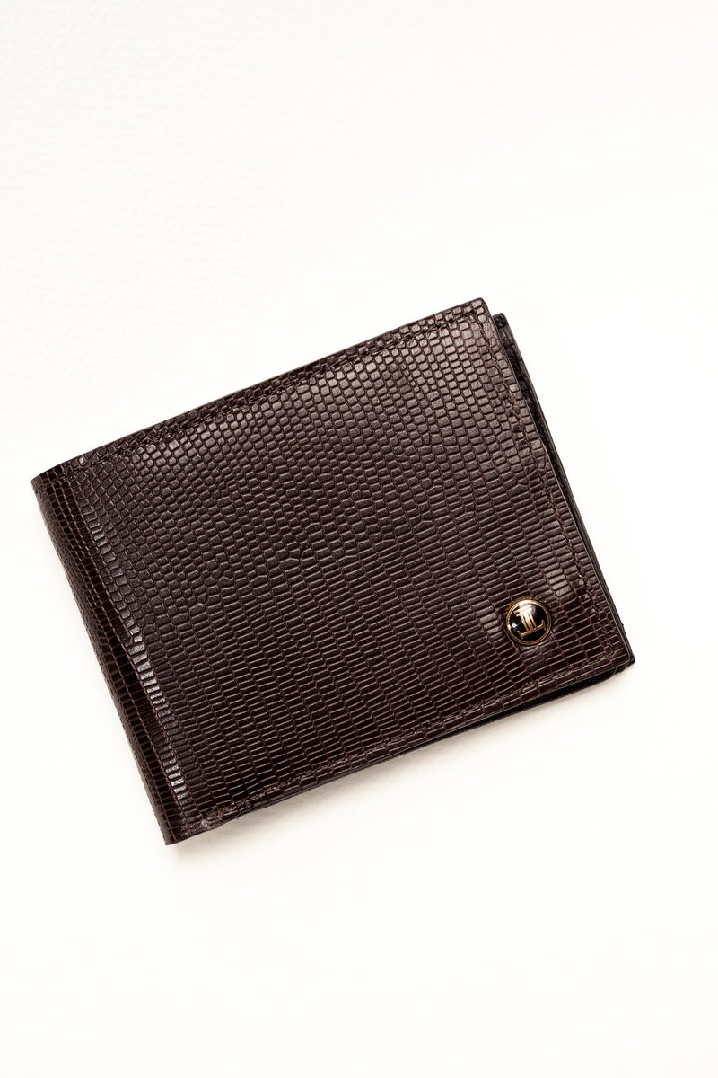 Mens leather wallet in dark brown colour with reptile texture by JULKE