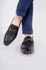 Mens original leather shoes in black colour with weaving and silver buckle by JULKE