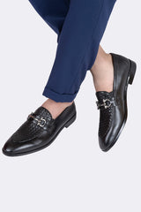Mens original leather shoes in black colour with weaving and silver buckle by JULKE