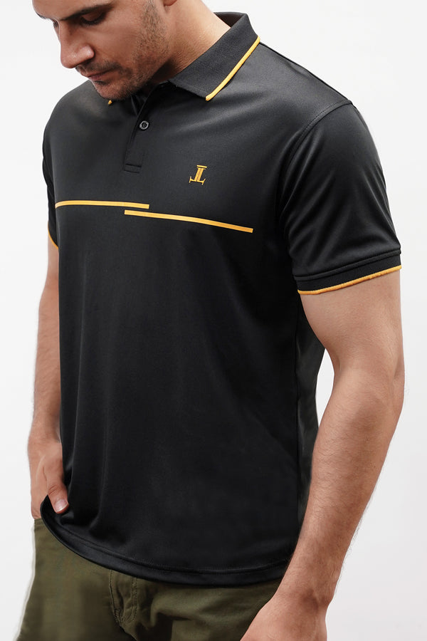 Mens athletic polo shirt in black with yellow screen print and contrast collar and sleeves by JULKE