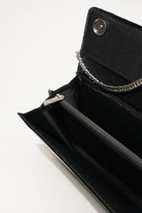 Womens leather clutch wallet in black colour with pockets and metallic long silver chain by JULKE 