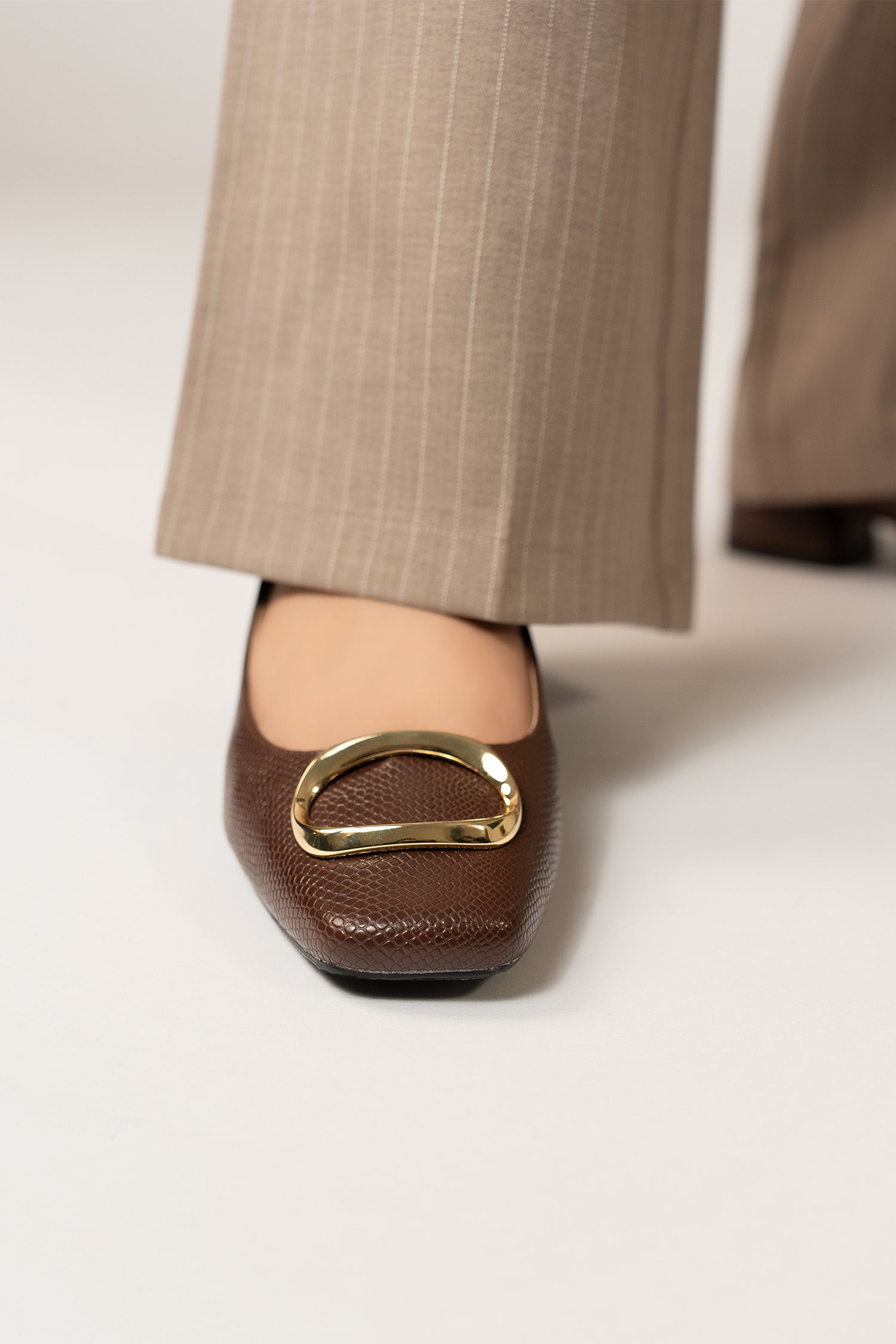 Womens square toe block heels in dark brown colour with reptile texture and metallic gold oval shaped buckle by JULKE. 