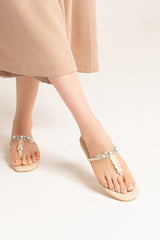 Womens summer flats in beige colour in thong style with diamante and pearl strap by JULKE