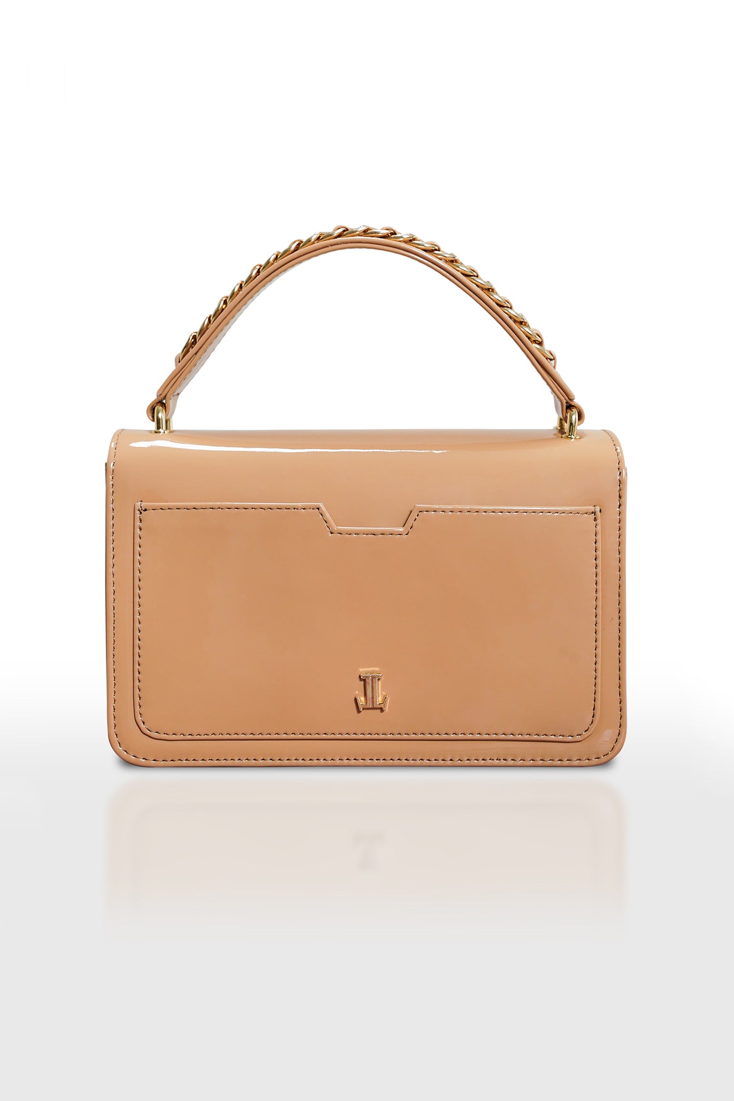 Women's leather top handle shoulder bag in beige coloured patent and suede with golden chain and buckle brooch by JULKE