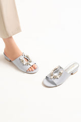 Womens leather block heels in light blue colour with keyhole design and diamante & gem buckle by JULKE