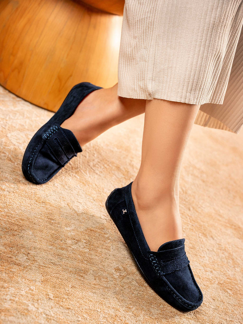Royal blue suede slip-on moccasins for women by JULKE, the Tabby design offers refined style, comfort, and versatility for modern winter outfits.