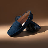 Women's winter suede leather moccasins in royal blue colour with metal logo trim and moc toe by JULKE 