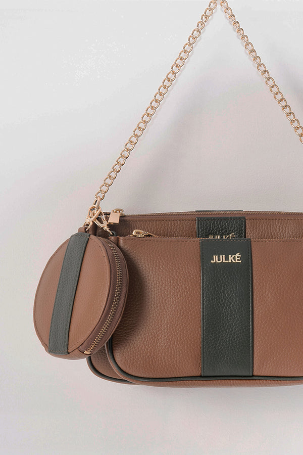 Womens leather shoulder bag 3 in 1 in brown colour with detachable pouches and gold chain by JULKE