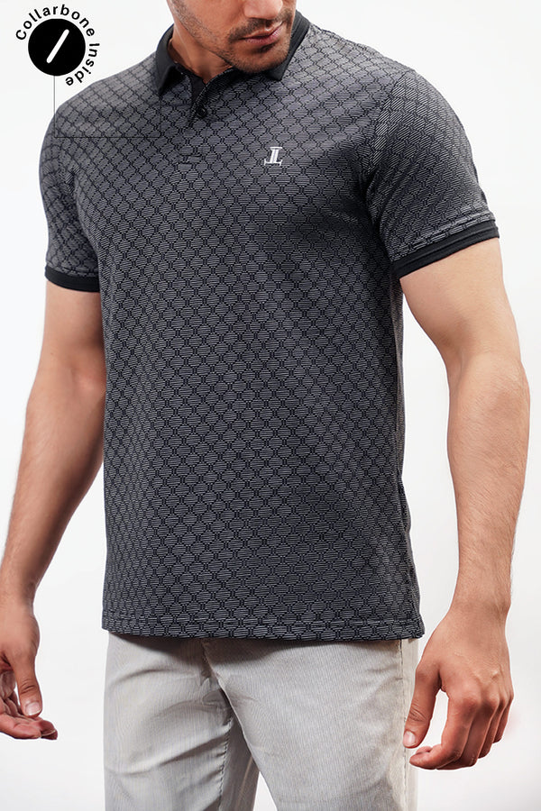 Mens summer polo shirt in dark grey with diamond pattern by JULKE