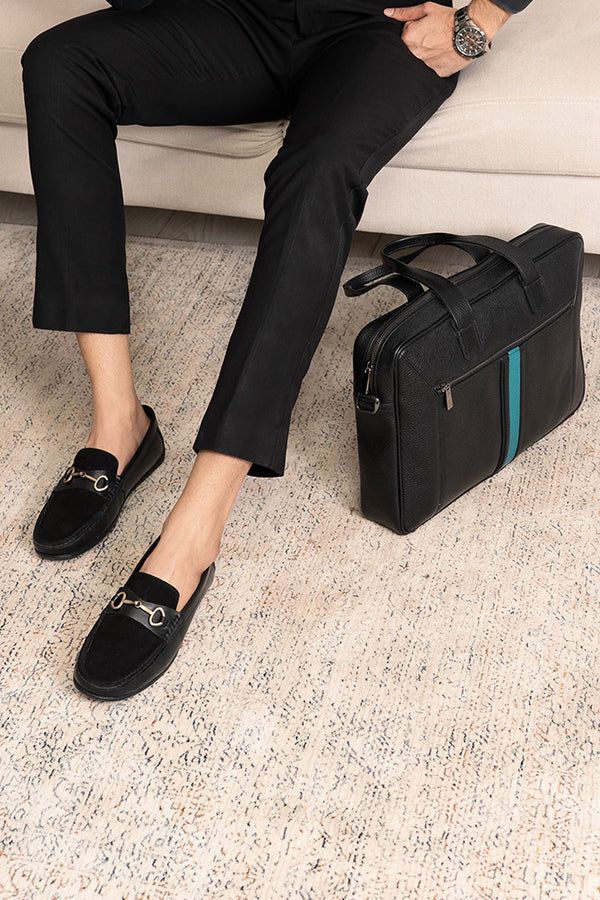 Mens soft leather laptop bag in black colour with turquoise leather stripe in front and matching suede leather moccasins by JULKE.