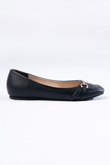 Women leather flat pumps in tan colour with square toe and metal gold horsebit buckle by JULKE