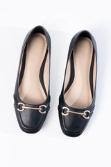 Women leather flat pumps in black colour with square toe and metal gold horsebit buckle by JULKE
