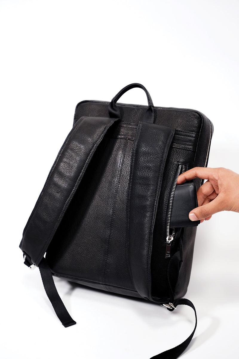 Wilde - Rectangle Leather Travel Backpack In Black | JULKE