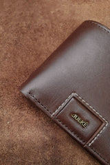 Mens leather bifold wallet in dark brown colour with contrast stitching and gold metallic brand trims by JULKE