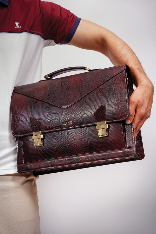 Original leather laptop briefcase bag wth reptile texture in two tone dark red colour by JULKE