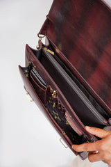Original leather laptop briefcase bag wth reptile texture in two tone dark red colour by JULKE