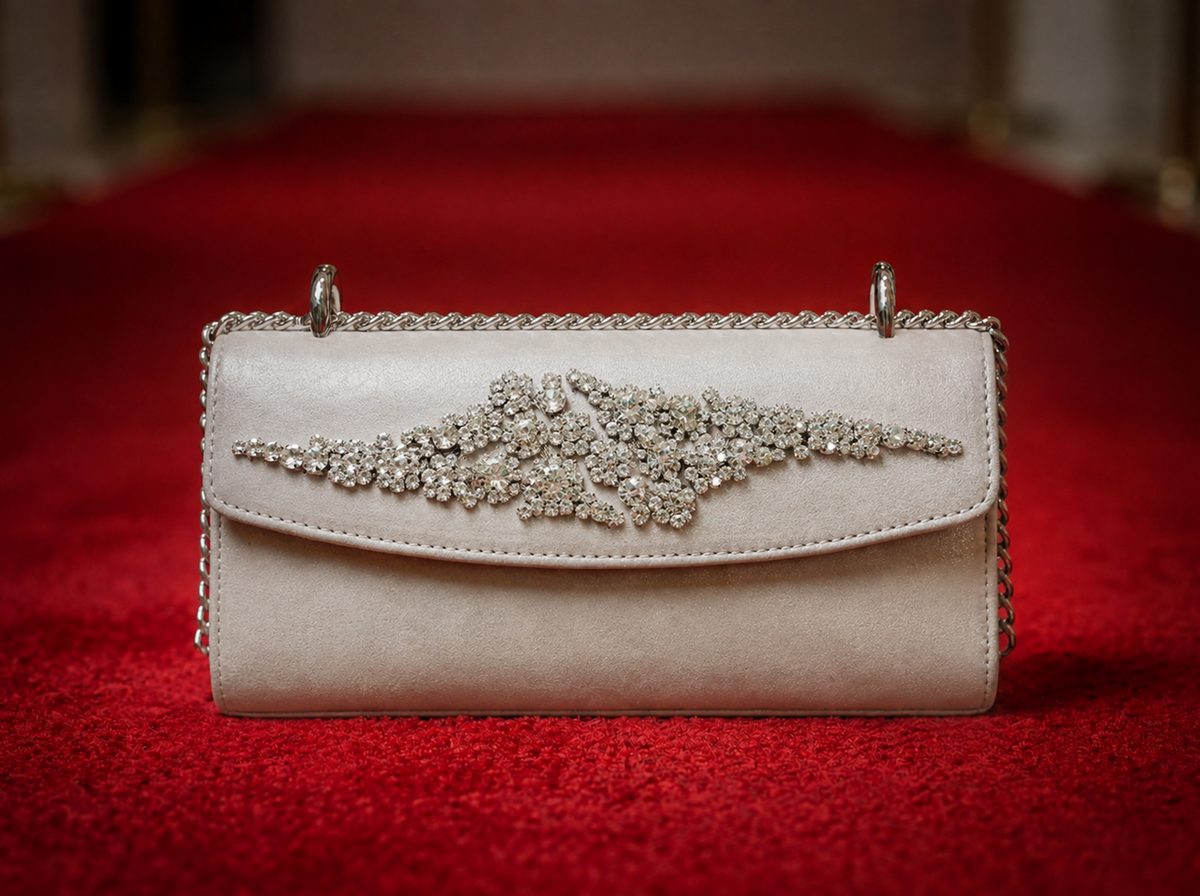 A light beige suede evening bag with a silver chain strap and a large crystal-embellished floral design across the front flap, displayed on a red carpet.