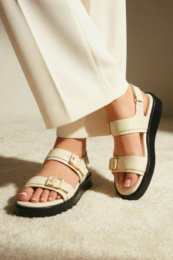 JULKE Alva Comfort Frosted Leather Slide Sandals with Gold Buckle Off-White Comfortable Double Strap Platform Sandals for Women