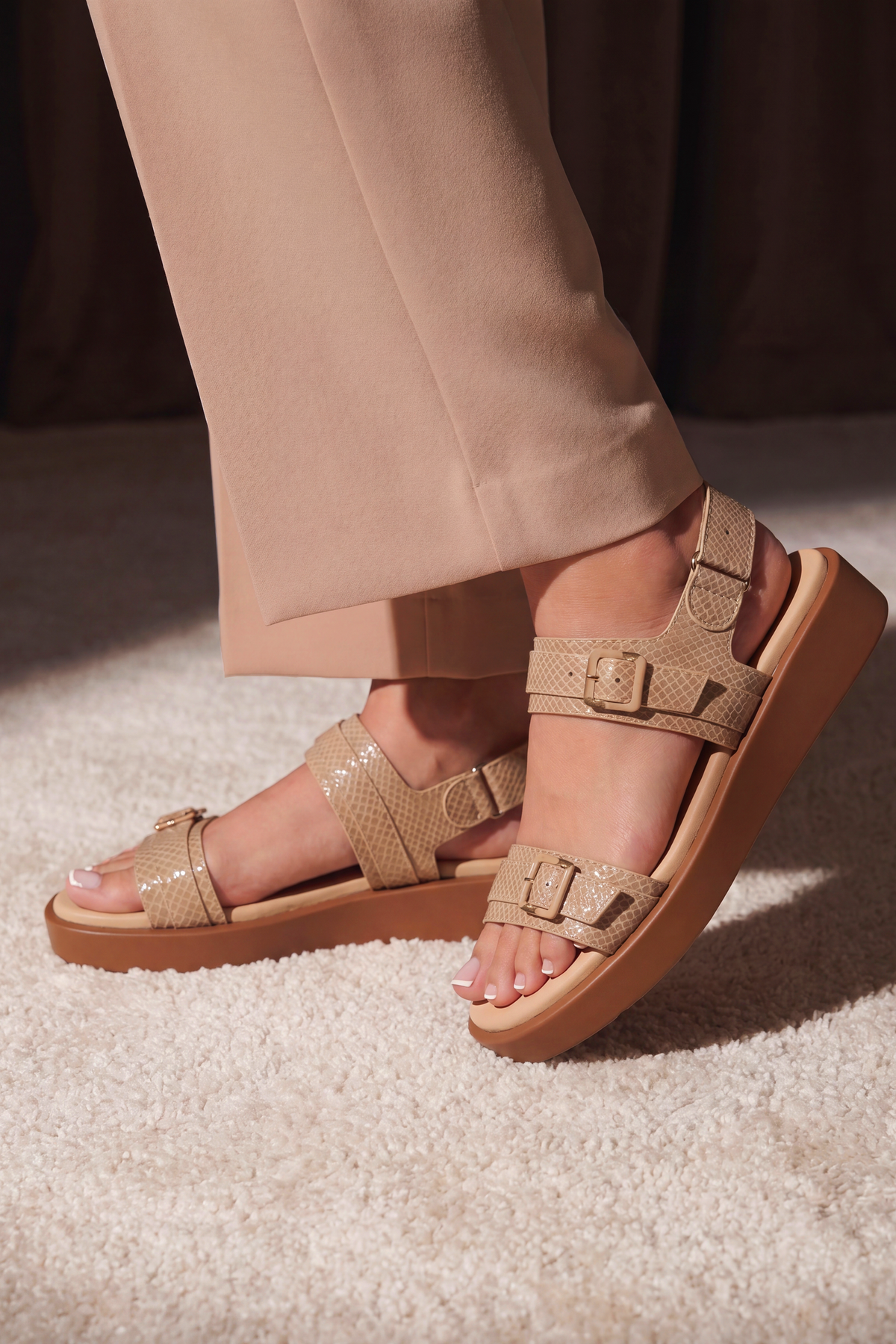 JULKE Alva Coral Python Textured Comfort Shoes Buckle Beige Platform Sandals