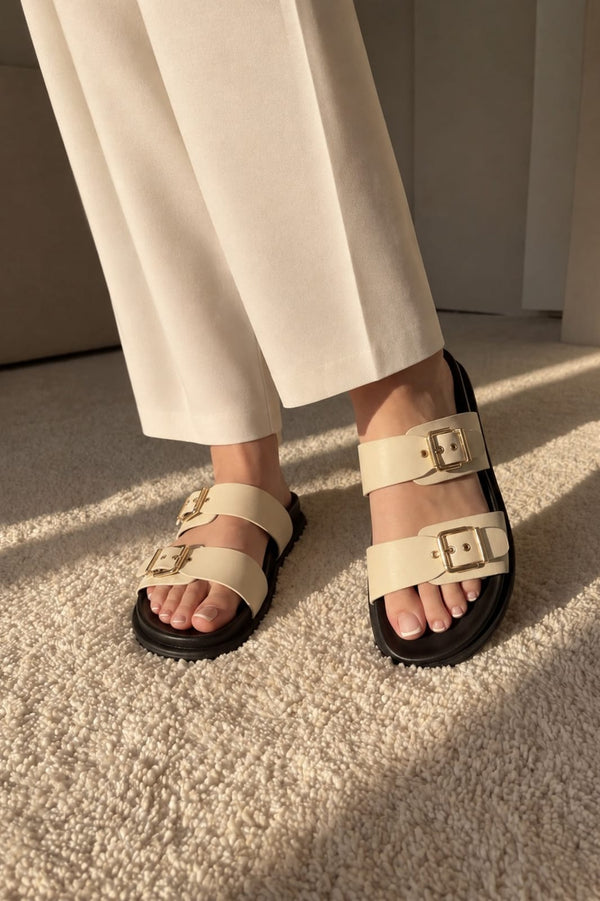JULKÉ Luma comfort slide in ivory from Cloud Walk collection with gold buckle straps - front on-foot view on carpet